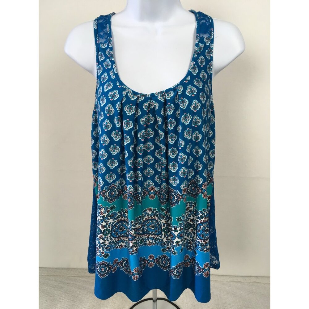 In Bloom By Jonquil Tank Top Size M Blue Patterned Front Lace Racerback New